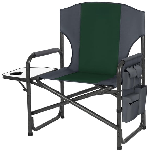 Oversized Directors Camping Chair for Adults, 600 lb, Green | Heavy duty folding outdoor chair with 28" wide seat, supportive back, side table, cup holder and detachable storage pocket