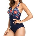 thumbnail image 3 of SWSMCLT Women's Ruched One Piece Bathing SuitCriss Cross Tummy Control SwimwearV Neck Wrap Plunge Shirred Pleated Halter Plunge Swimsuit Long Torso Monokini Red Flower 4-6, 3 of 5