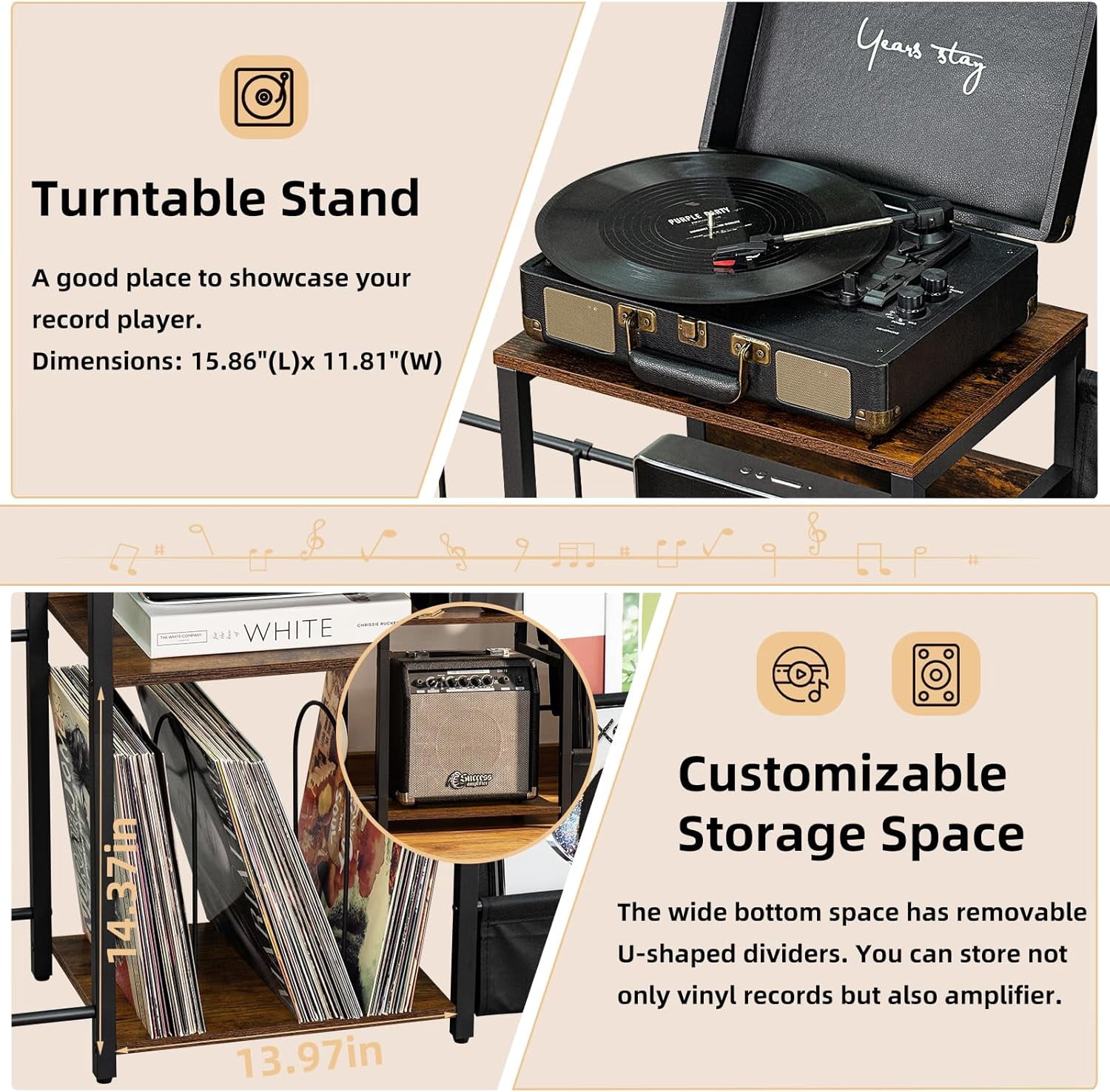 AENKYO Record Player Stand, Black Adjustable Guitar Stand for Acoustic Guitar, Electric Guitar, Bass, Turntable Stand with Vinyl Display Shelf Storage Up to 150 Albums, End Table for Music Room