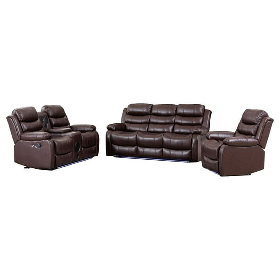 Hybition 3-Piece PU Leather Manual Reclining Sofa Set with LED Lights, USB Ports, Cup Holders, Drop Down Table, Bluetooth Speakers Brown for Living Room