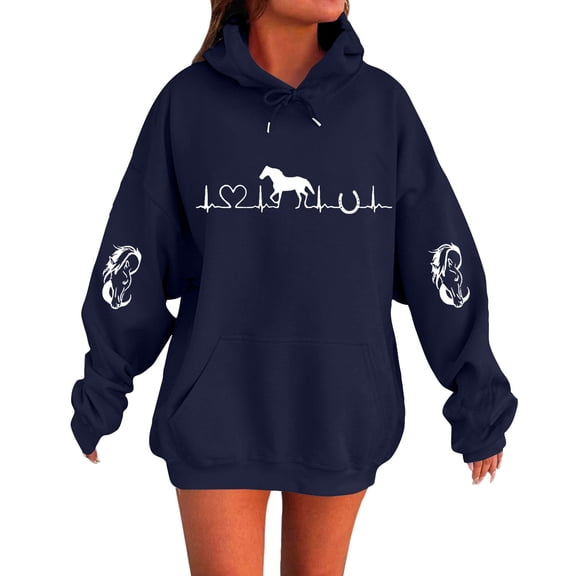Hoodies for Women Hoodie Heartbeat Horse Sweatshirt Hoodie Cute Western Horses Printed Pullover Hoodie Fall Long Sleeve Sports Tops Hemlock