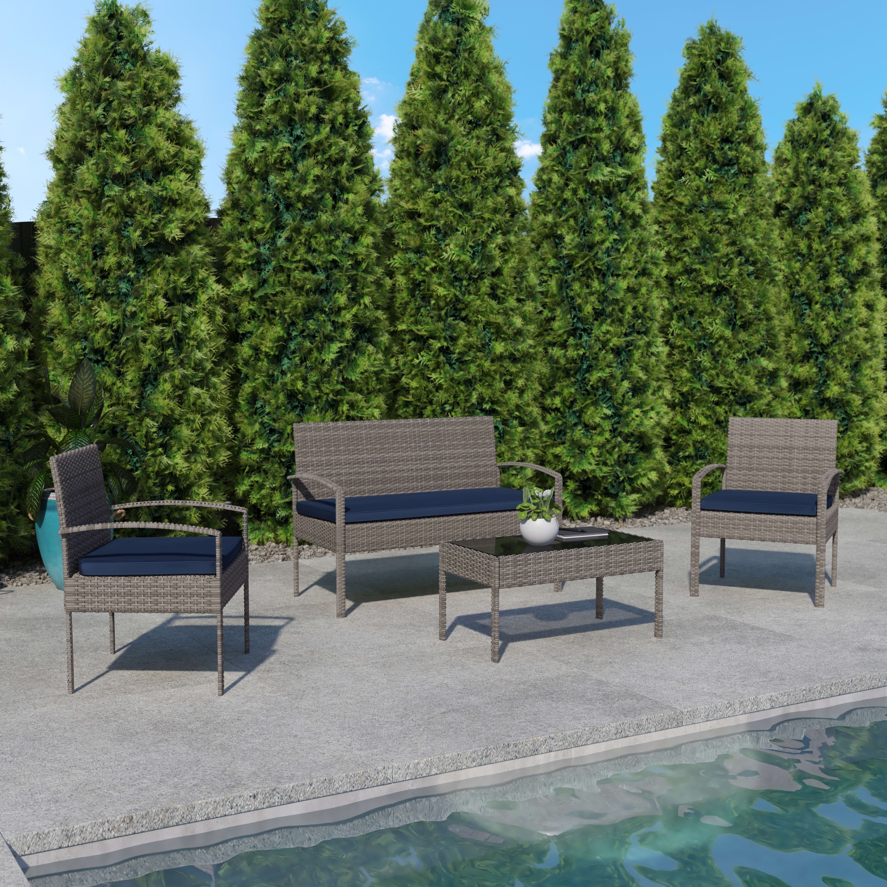 BizChair Series 4 Piece Gray Patio Set with Steel Frame and Navy