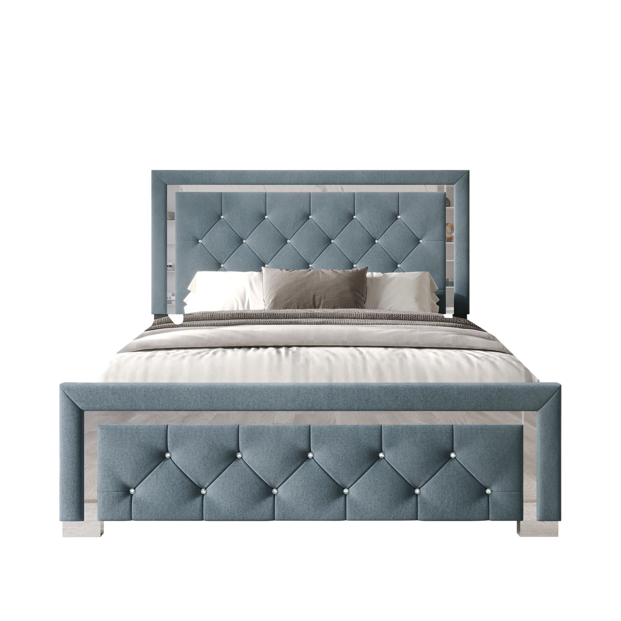 Home Design Toccoa Full Upholstered Panel Bed Frame with Diamond Button-Tufted Headboard and Silver Metal Accents, Blue, Easy Assembly