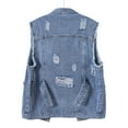 thumbnail image 4 of XFLWAM Women's Ripped Raw Cropped Denim Vest Sleeveless Button Front Jean Jacket Blue M, 4 of 9
