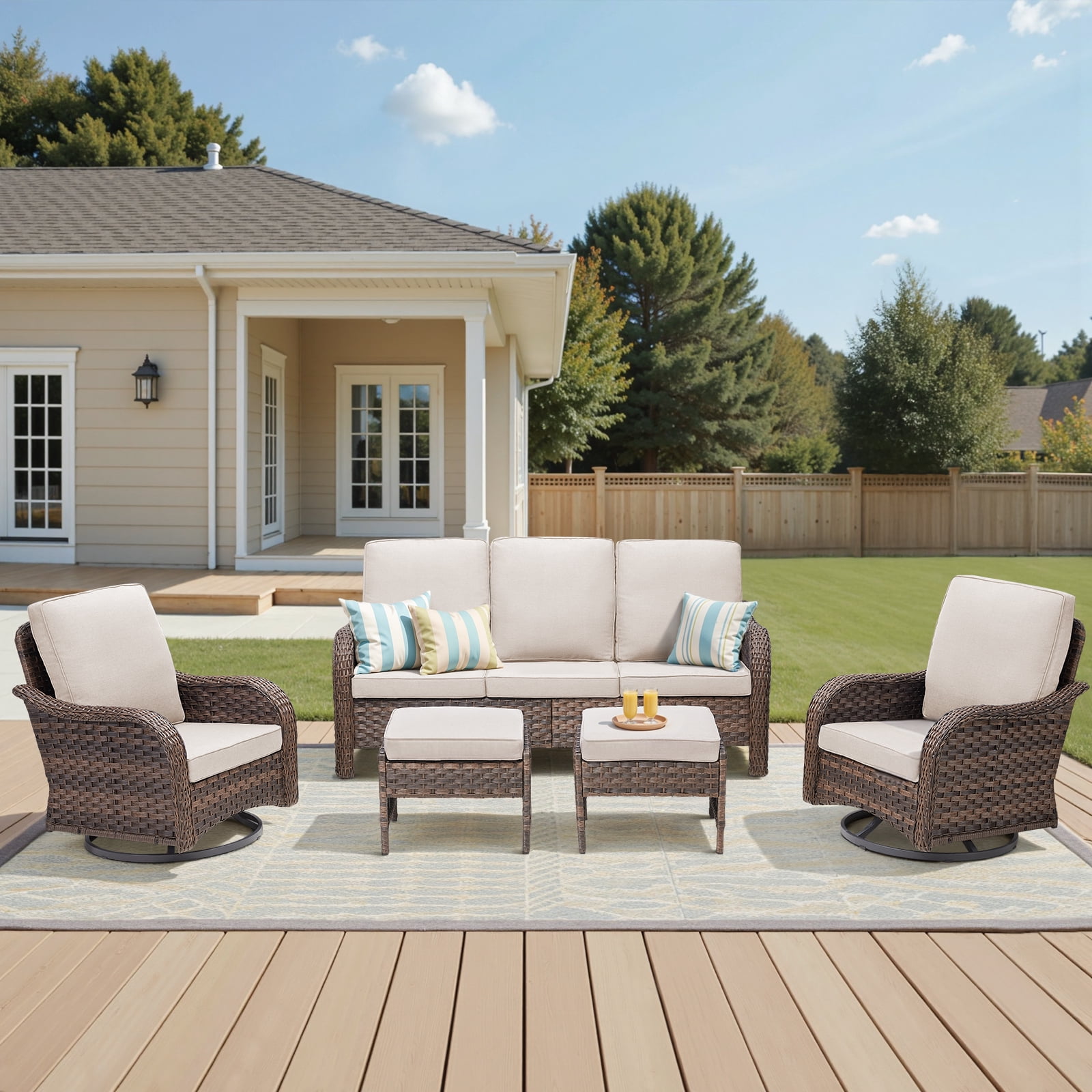 Lumiinofami Patio Wicker Furniture Set of 5, Outdoor Swivel Rocking Chairs and Ottomans Set with Beige Cushions for Porch Garden Balcony