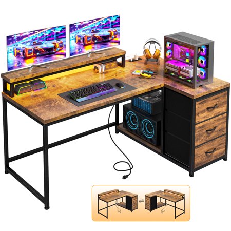 48 L Computer Desk l Shaped Gaming Desk with LED Lights & Power Outlet Desk with Drawers Reversible Corner Desk with Monitor Stand for Gaming Room Home Office Bedroom Rustic Brown