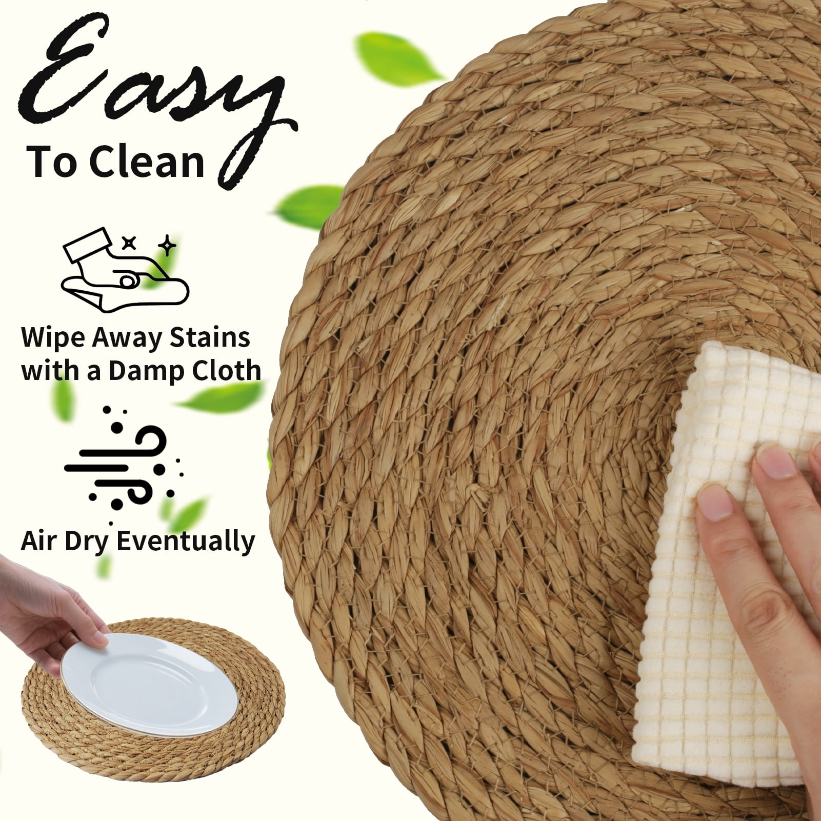6 Pack Round Woven Placemats Natural Water Hyacinth Wicker Place mats Braided Straw Table Mats Charger Plates for Dining Table, Fall, Thanksgiving, Christmas (11.8 inch)