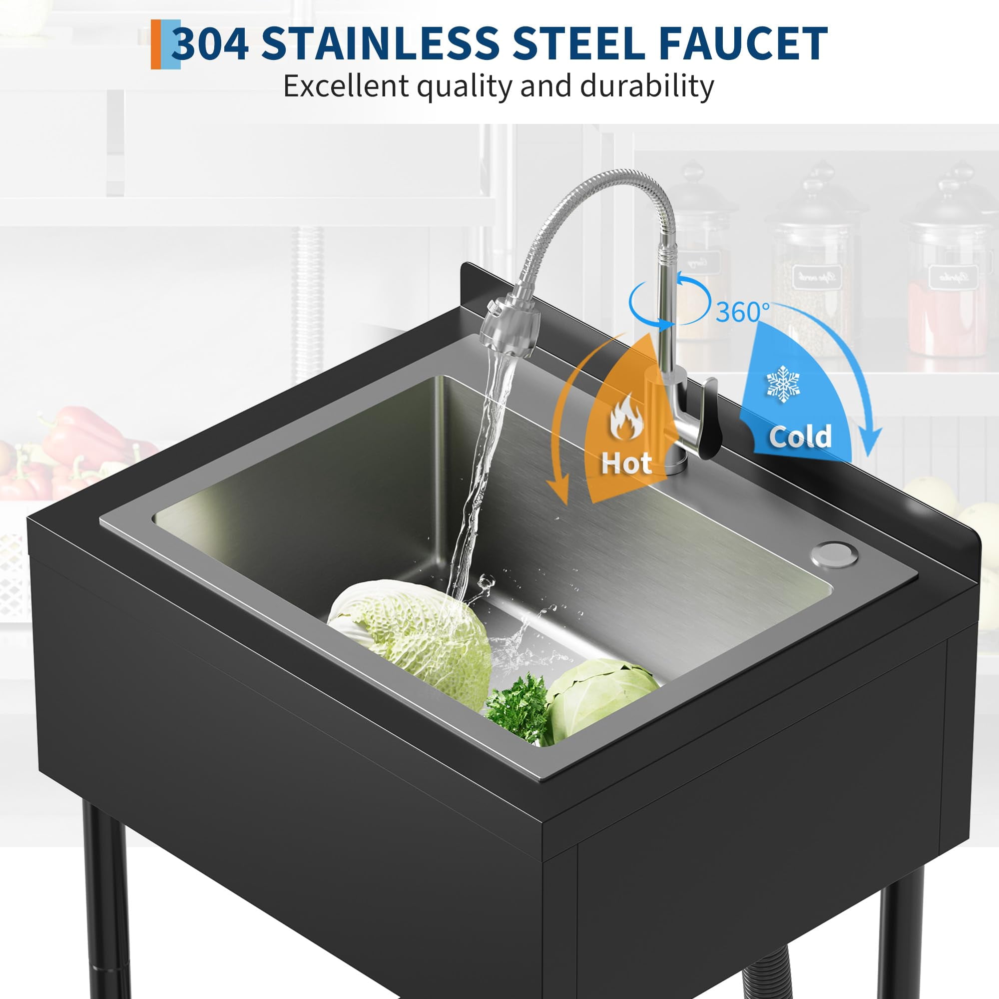 Freestanding Commercial Stainless Steel Utility Sink 26" Single Bowl with Black Powder Coated Finish, Hot & Cold 360° Swivel Faucet Garage, Outdoor