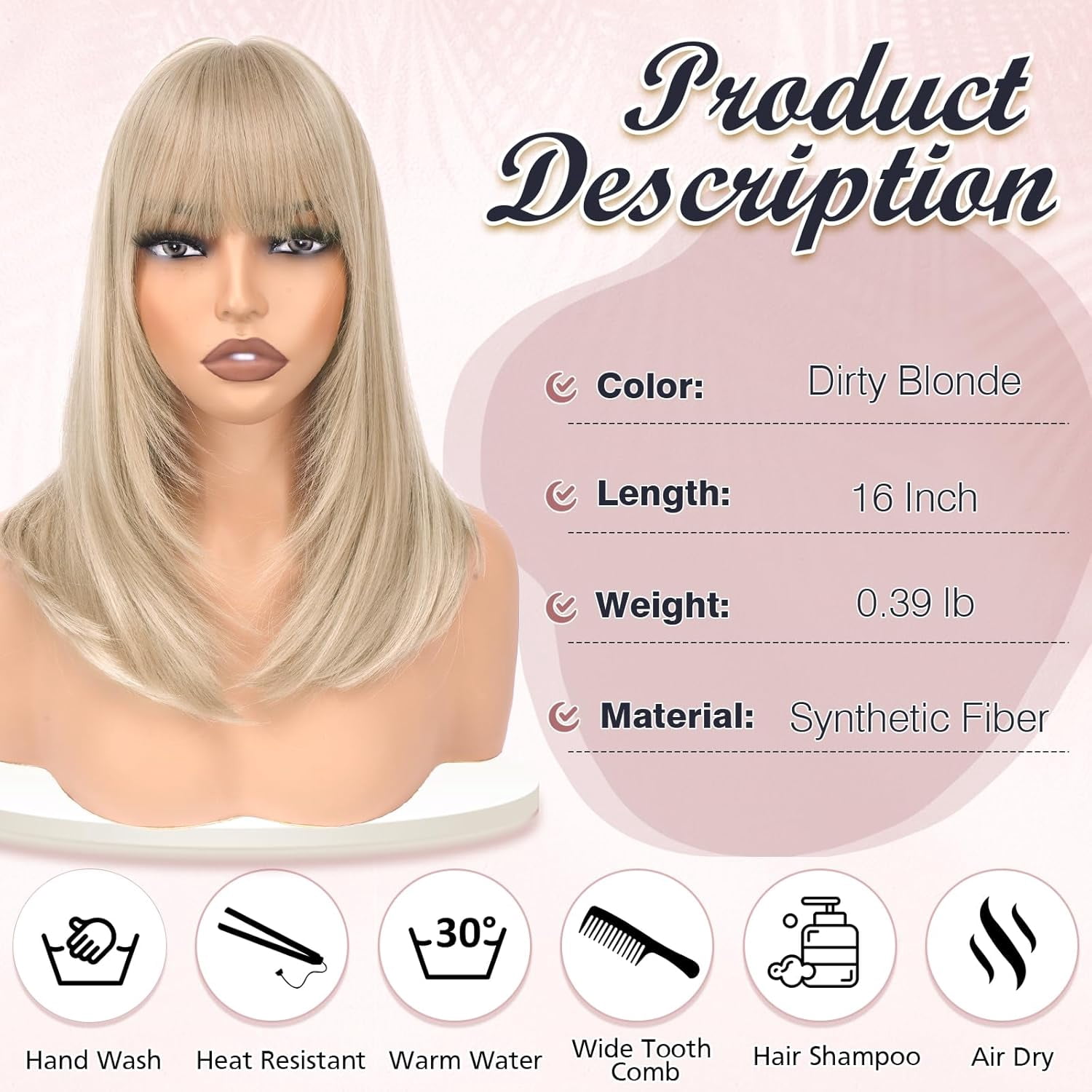 SUCS Blonde Bob Wigs with Bangs Shoulder Length Straight Natural Looking Synthetic Heat Resistant Medium Hair Wigs for Women Daily Party, 16 Inch Dirty Blonde