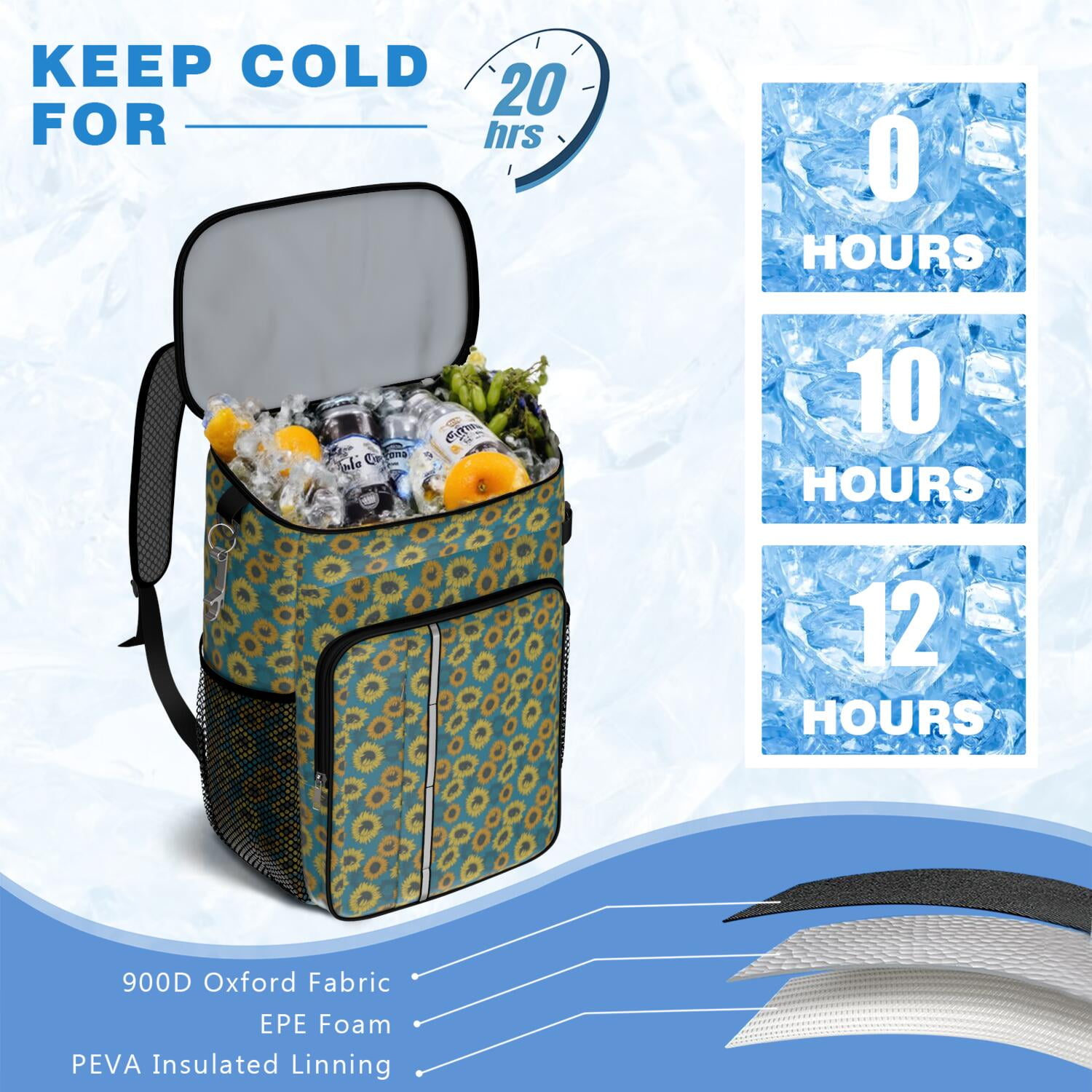 Travel Cooler Bag - Sunflower Camping Beer Cooler Backpack with Bottle Opener- Waterproof Insulated Picnic Backpacks - Cooler Bag for Beach