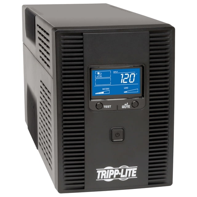 batería de respaldo ups tripp lite omni1500lcdt de 1500 va, 810 w UPS Tripp Lite OMNI1500LCDT en negro, vista 3/4 frontal con pantalla LCD azul que muestra '120', botones Test y Mute, botón de encendido y rejillas laterales; logotipo Tripp Lite en el panel frontal; adecuada para respaldo de PC, monitor y enrutador.