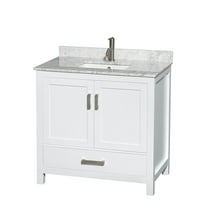 HomeStock Retro Renaissance 36 Inch Single Bathroom Vanity in White, White Carrara Marble Countertop, Undermount Square Sink, and No Mirror