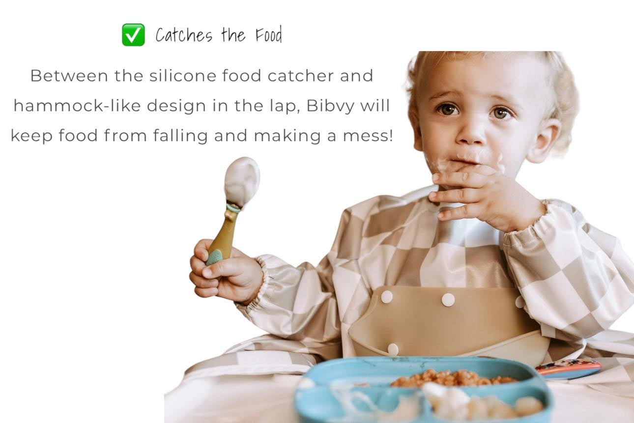 Bibvy Mess Proof Baby Bibs, Toddler Feeding, Silicone Catcher, Chair Attaching, Waterproof, 6-36 Mos
