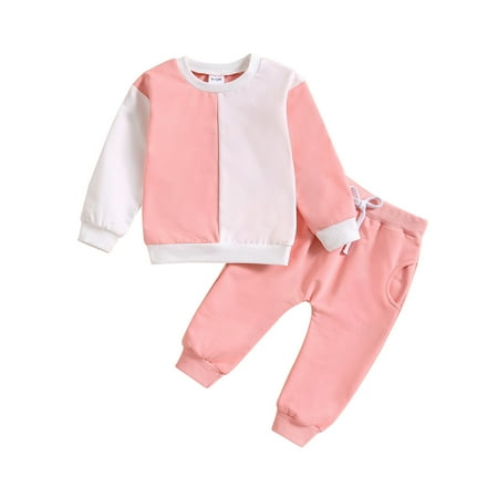 

Baby Girls Outfit Long Sleeve Patchwork Crewneck Sweatshirts Tops Solid Pants 2PCS Outfits Little Girls Casual Clothes Set For Fall Winter