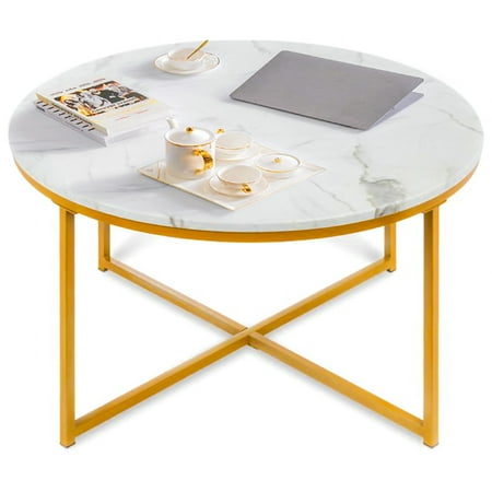 Faux Marble Gold Brass Metal Frame, 36 Inch Long End Table