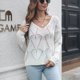 thumbnail image 4 of Ropa de mujer Otoño Invierno moda Color sólido hueco cuello en V manga larga suéter de punto ropa, 4 of 6