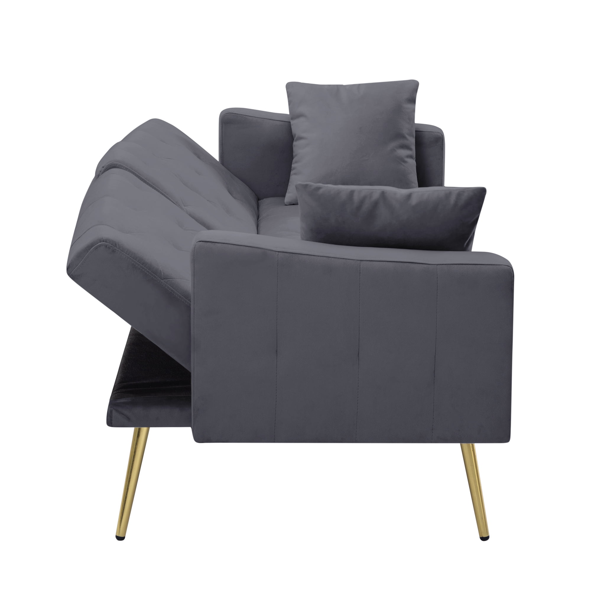 Aukfa Velvet Futon Convertible Sofa Bed for Home Office, 2 Pillows& Cup Holders, Tufted Futon, Gray