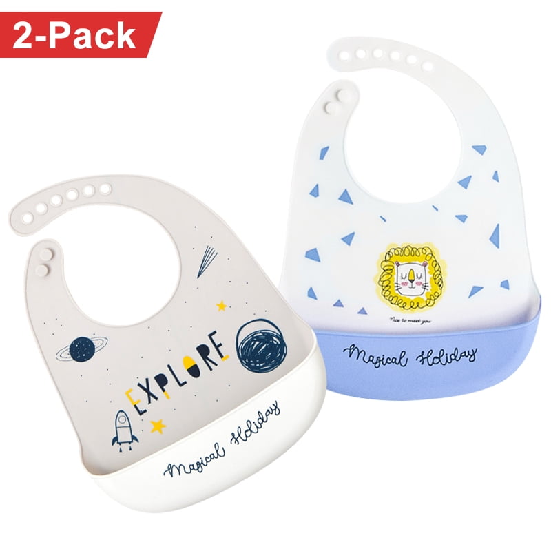 Silicone Baby Bibs Set of 2 Waterproof Adjustable Easy Wipe Clean Soft Baby Feeding Bib Babies Toddlers Gifts for New Born Green Blue 