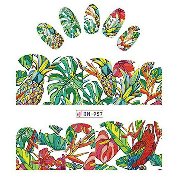Tropical iNspired Nail Wraps Parrot Watercolor Fruits Pinapple Decals Sticker Salon Quality Nail Art - 1 Sheet