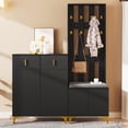 thumbnail image 2 of Coat Rack Set with Shoe Bench and Cushion, Coat Rack Front with Hooks, Shoe Cabinet with Drawers and Doors,Black, 2 of 22