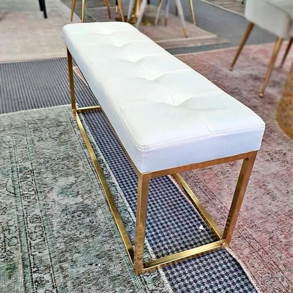 Heavenly Collection White PU Bench, PU Bench with Gold Stainless Steel, Stainless Steel Bench, Polished Bench, PU Bench, Gold Bench, Entryway Bench