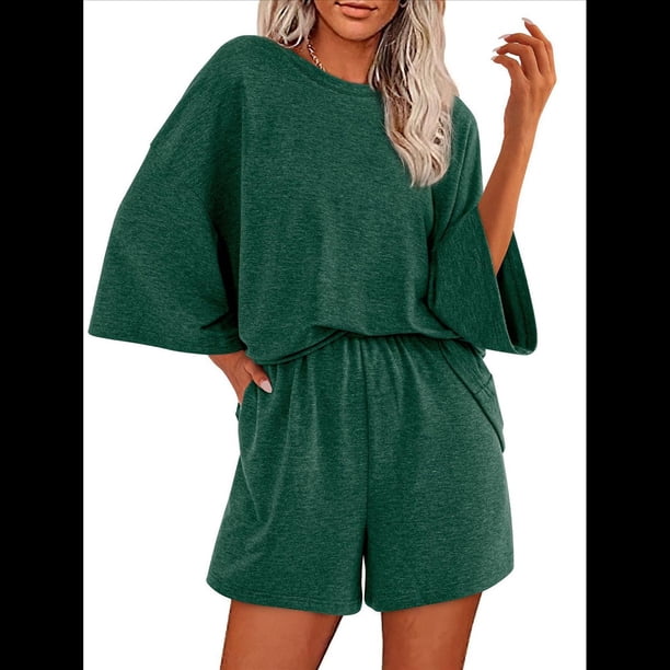 Conjuntos de Pijama para Mujer, Blusas Extragrandes de 3/4 y Pantalones Cortos con Cintura Elástica, Conjuntos de Estar por Casa. Verde S