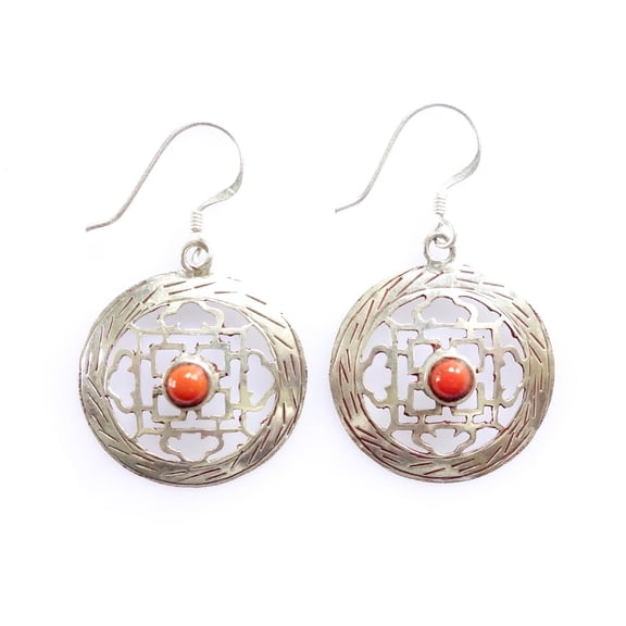 Tibetan Silver Boho Dangle Earrings For Women Handmade Red Coral Gemstone 925 Silver Plated Earring