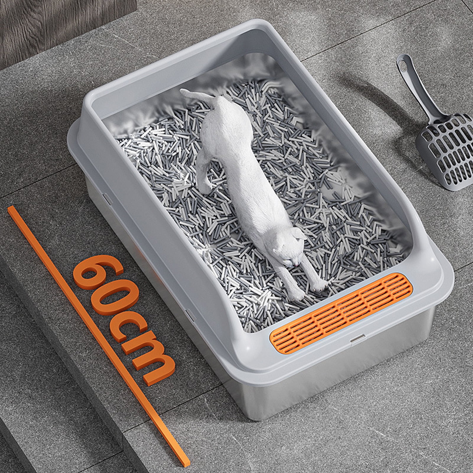 BOKYAN Large Metal Cat Litter Box Stainless Steel High Sided Anti Splashing Kitty Tray with Pedal Filter Light Grey 20 inches / 51 cm