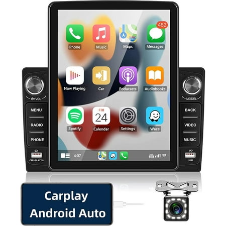Podofo Double 2 Din 9.5'' Car Stereo Radio with Apple Carplay Android Auto Mirror Link HD Vertical Touch Screen Car MP5 Player Bluetooth USB FM Phone Charging,with Rearview Camera