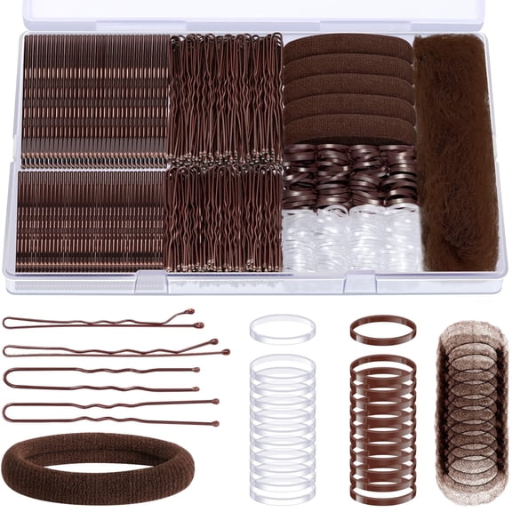 MORGLES 415 Pcs Bobby Pins & Hair Ties Kit, 200 Rubber Bands Brown & Clear 100 Bobby Pins 100 U-Shaped Pins 10 Hair Nets 5 Cotton Ties for Braids, Buns, Everyday Styles - 2" 2.4" 2.7"