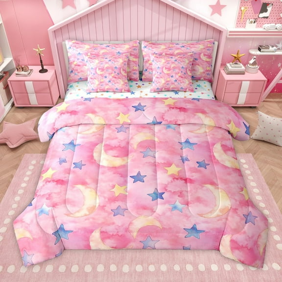 Manfei Cartoon Moon Stars 7-Piece Twin Bedding Sets for Female Men Teens,Gradient Watercolor Bedding Comforter Set,Ombre Pink Breathable Sheet Sets,Super Cozy Room Decor,Reversible