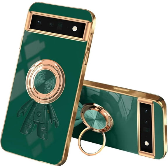 Compatible with Google Pixel 6a Case Silicone TPU Shockproof Google Pixel 6a Phone Case Plating Astronaut Cute Pattern TPU Cases with Ring (Google Pixel 6a, Dark Green)