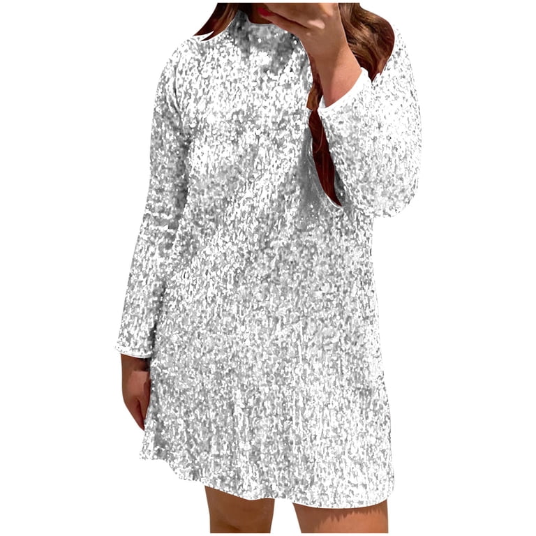 knee length dresses for ladies Interstella Sequin Long Sleeve Mini Dress White