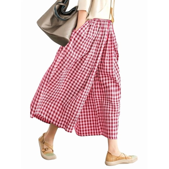 Womens Wide Leg Pants Cotton Gingham Plaid Culottes Summer Elastic Waist Palazzo Trousers Bottoms with Pockets Red XL