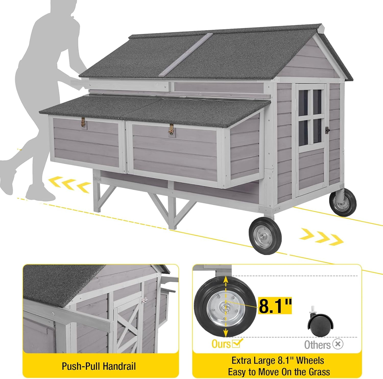 Aivituvin Chicken Coop for 8-10 Chickens Mobile Wooden Hen House with Nesting Box,Large Poultry Cage Upgrade with Strong Iron Frame,Durable & Waterproof