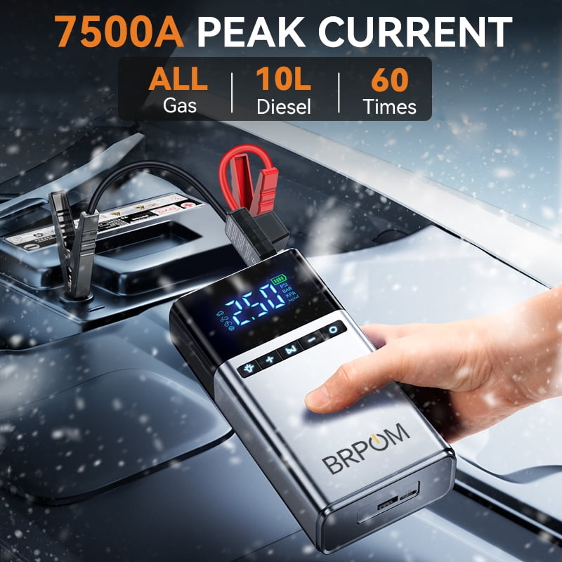 BRPOM Portable Car Jump Starter with Air Compressor, 12V Battery pack for Gas/Diesel Engines, 7500A High Power, Digital Display, LED Lights, USB Type-C Charging, Rechargeable Lithium Polymer Battery