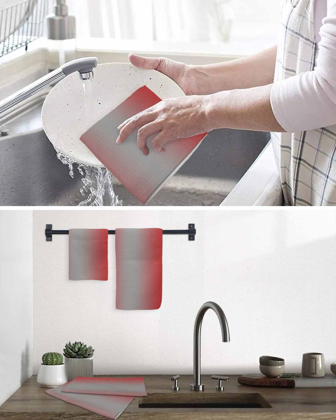 Red Grey Ombre Kitchen Dish Towels for Drying Dishes Set of 4, Modern Gradient Abstract Art Waffle Weave Microfiber Hand Tea Bathroom Towels Quick Dry & Absorbent Towel 12x12