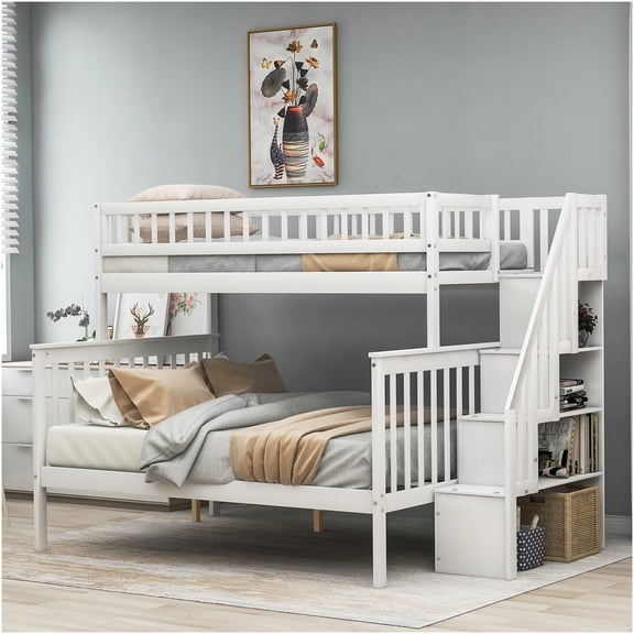 Twin over Full Bunk Bed with Stairs, Storage Drawers & Shelves, Convertible Design, White