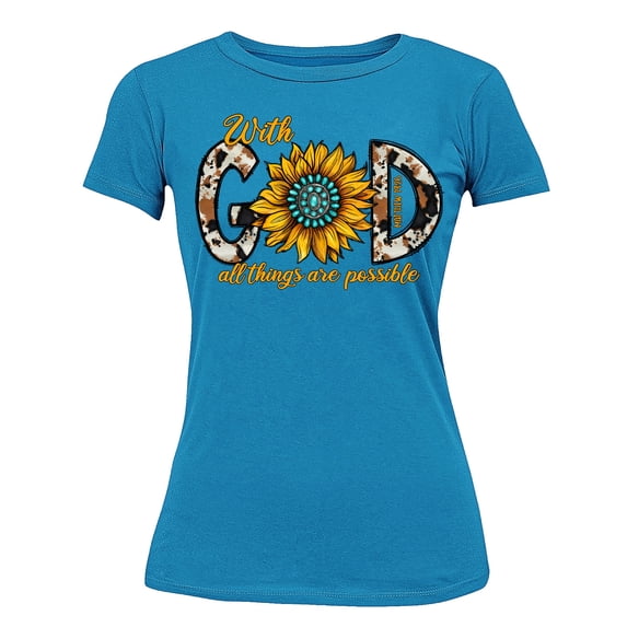 With God All Things Are Possible Easter Matthew 19:26 Christian Bible Verse Women's T-shirt, M, Saphire