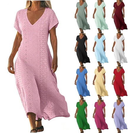Crunowin Women's V Neck Dress with Button Casual Summer Short Sleeve A-Line Dress for Beach Purple XL