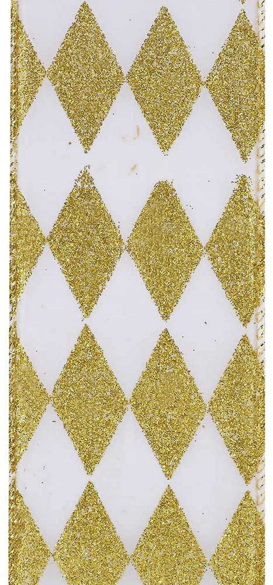 White Gold Diamonds Christmas Ribbon - 2 1/2" x 50 Yards, Argyle, Gold Wire Edged, Glitter, Mardi Gras, Gift Wrap, Wreath, Garland, Tree Topper Bow