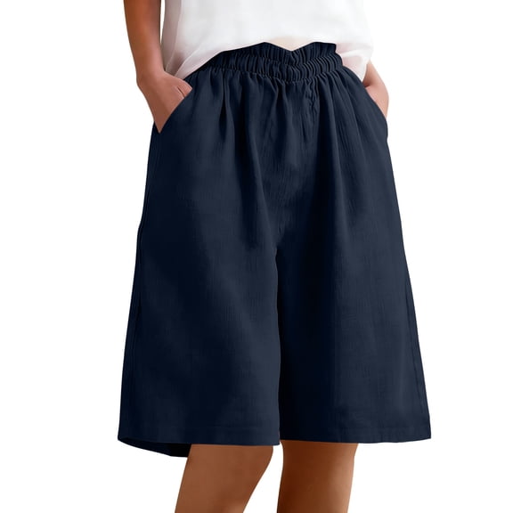 Cotton Linen Long Shorts with Pockets Womens Elastic Waist Loose Lounge Beach Summer Wide Leg Short Knee Length (XL, Navy)