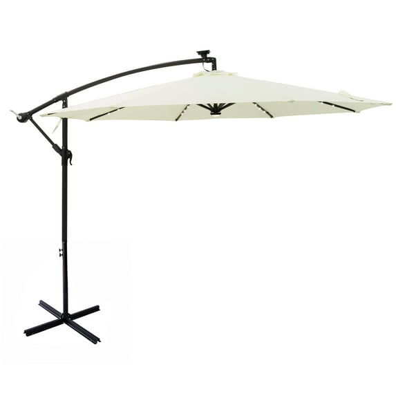 C-Hopetree 10 ft Offset Cantilever Outdoor Patio Umbrella with Solar LED Lights and Cross Base Stand, Ivory