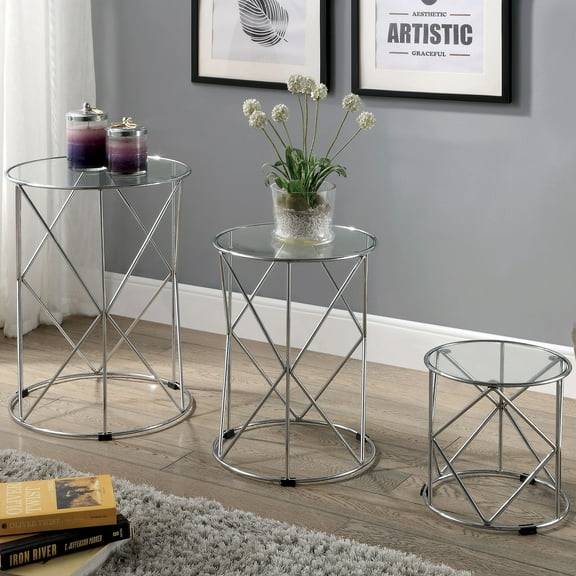 Furniture of America Dhahn 3-Piece Nesting Table Set, Silver