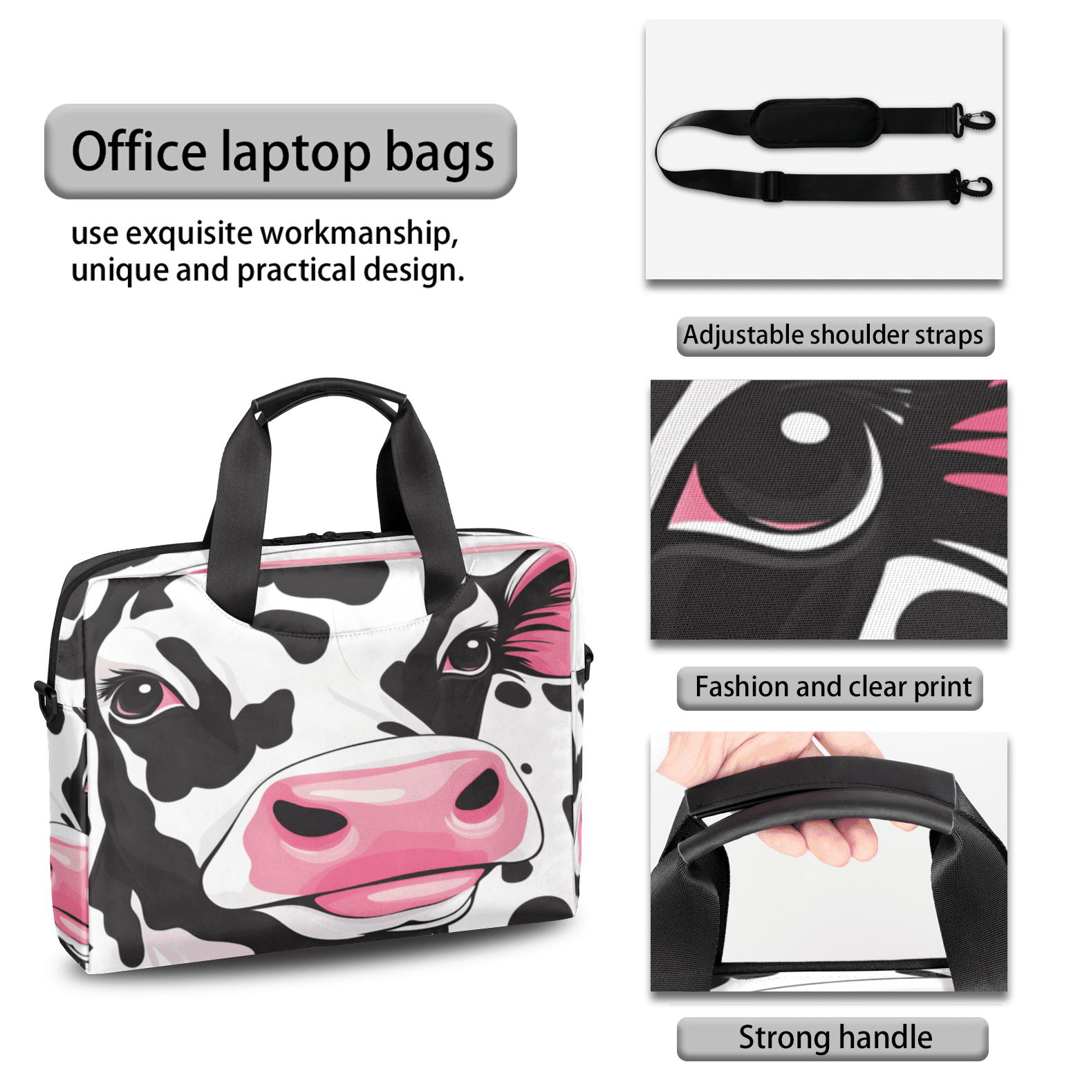Herdesigns Cow Laptop Bag for Women Men, Computer Case Briefcase Messenger Bags, 15-15.6 inch Laptop Sleeve Shoulder Bag