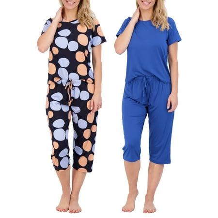 Size S” 2 Pack: Women’s Cozy Short-Sleeve PJ Top with Capri Pants - Pajama Lounge & Sleepwear Set (Available In Plus)