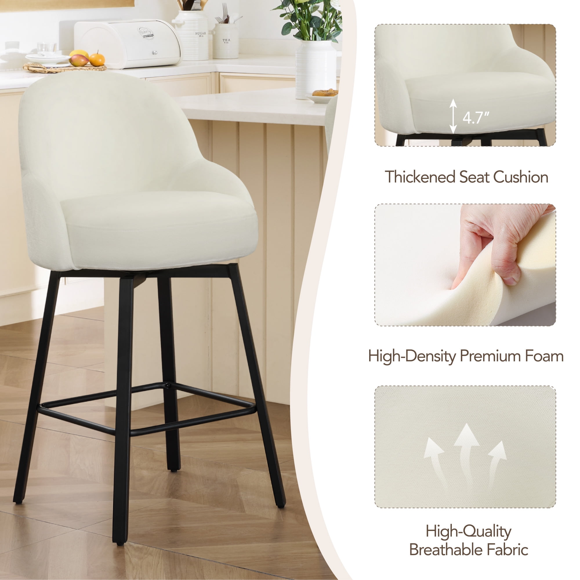 Spruce & Spring Counter Height Swivel Bar Stool with Upholstered Seat and Footrest Set of 2, Ivory