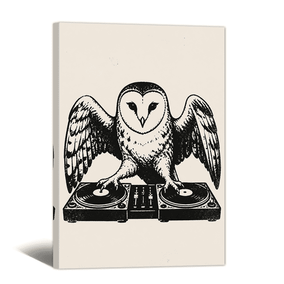 Night Owl Play DJ Live Canvas Wall Art Rocking Animal Funny Picture Print, Surreal Abstract Artwork Whimsical Music Paintings for Living Room Bedroom Home Office Decor