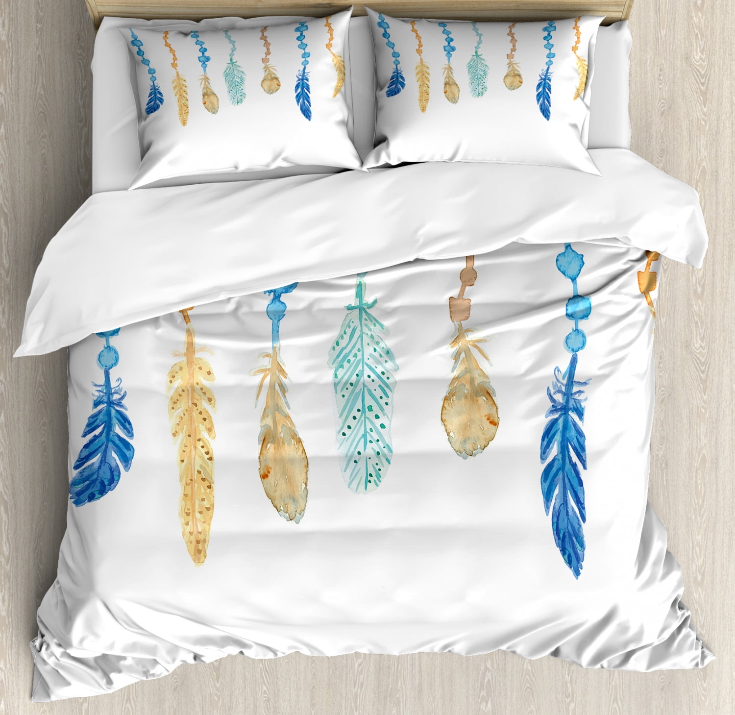 Feather Queen Size Duvet Cover Set, Ethnic Multicolored Bird Feathers