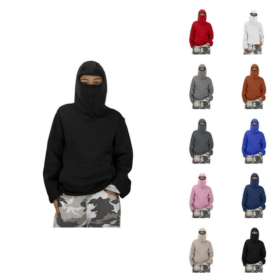 Kids Masked Hoodie 2025 Fall Winter Long Sleeve Fashion Plain Hooded Sweatshirt with Pockets Boys Girls Pullover Tops